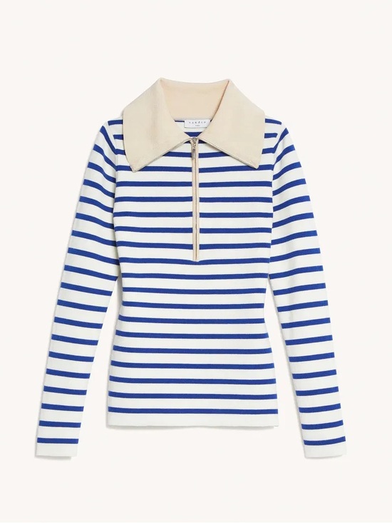 Sandro Tops - Sandro Blue & White Striped Zip Polo Top